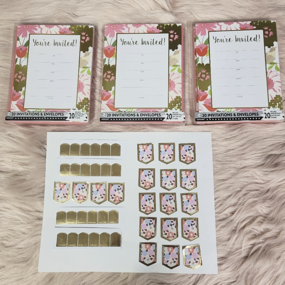 60 INVITES BOHEMIAN BOHO CHIC MACRON FLORAL SHINY METALLIC GOLD FOIL INVITES